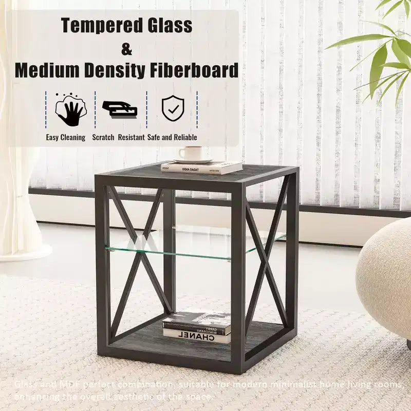 Tavolino Laterale Industriale Moderno - Piano in Vetro Temperato e Legno MDF Naturale con Struttura in Metallo per Camera da Letto e Soggiorno