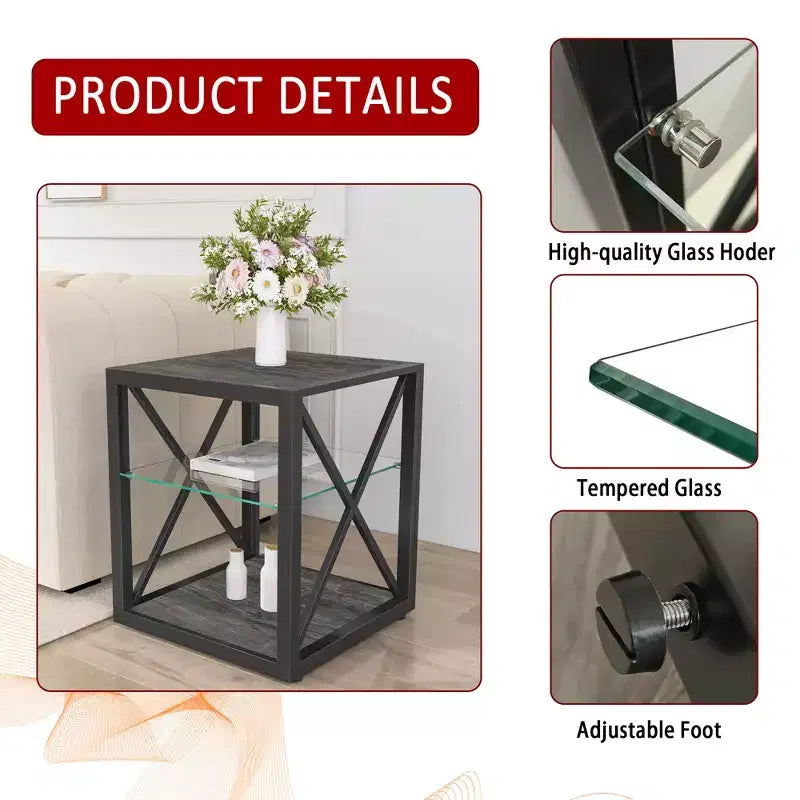 Tavolino Laterale Industriale Moderno - Piano in Vetro Temperato e Legno MDF Naturale con Struttura in Metallo per Camera da Letto e Soggiorno