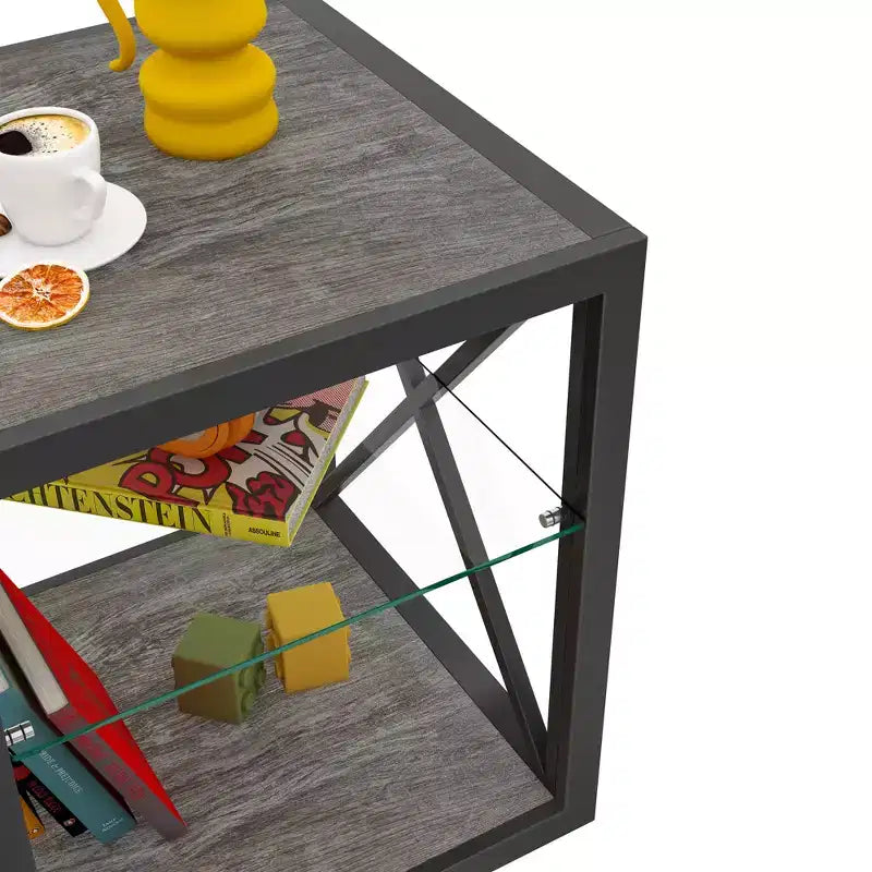 Tavolino Laterale Industriale Moderno - Piano in Vetro Temperato e Legno MDF Naturale con Struttura in Metallo per Camera da Letto e Soggiorno