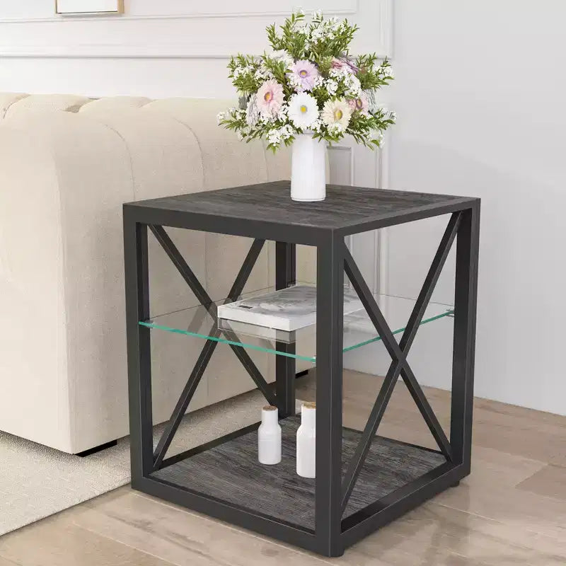 Modern Industrial End Table Nightstand - Tempered Glass and Natural Wood MDF Top with Metal Frame for Bedroom and Living Room