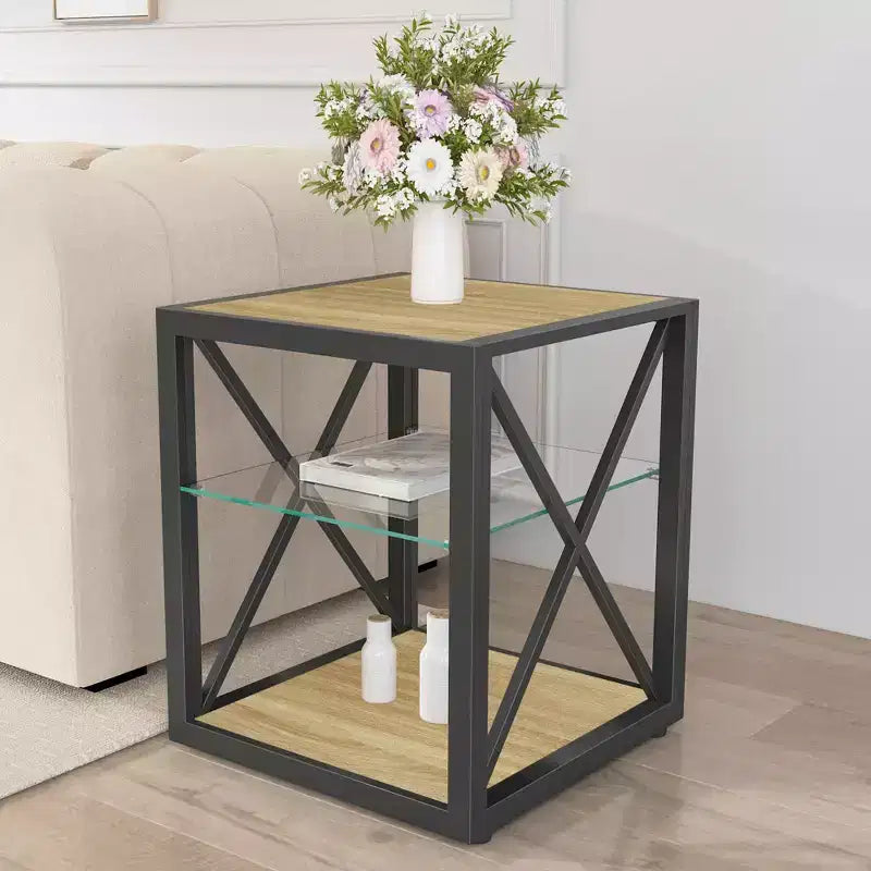 Tavolino Laterale Industriale Moderno - Piano in Vetro Temperato e Legno MDF Naturale con Struttura in Metallo per Camera da Letto e Soggiorno