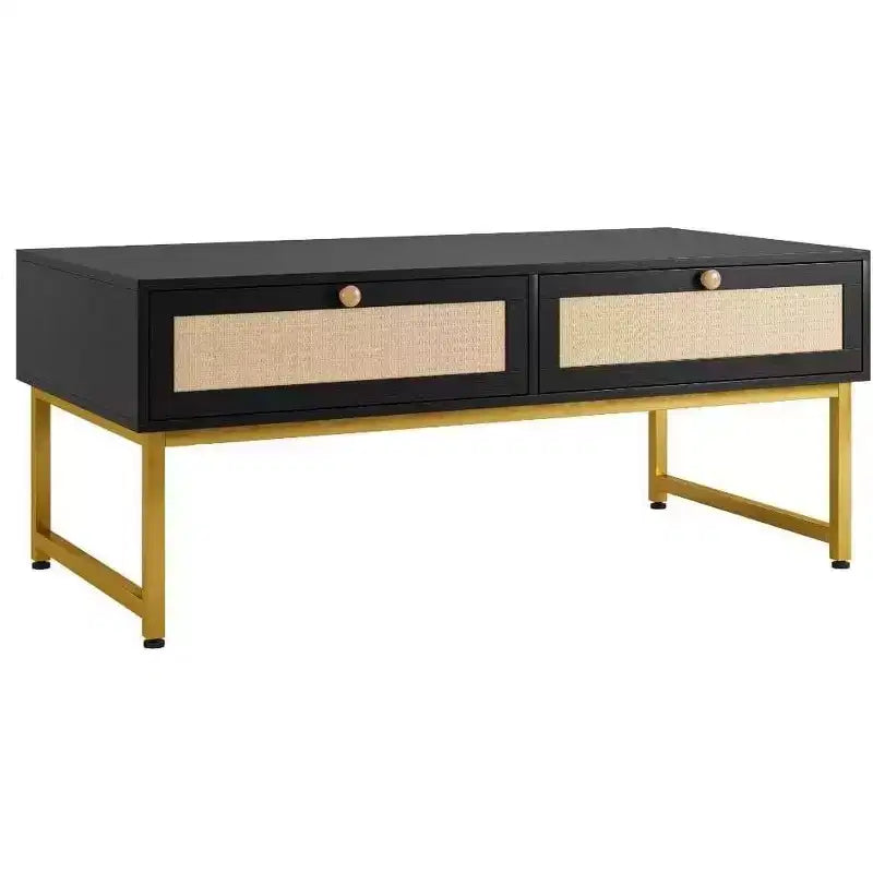 Coffee Table with Hidden Compartment and Storage Shelf, 45.66 Inch Coffee Table with Rattan Woven Door Panel , Suitable for Living Room, Apartment