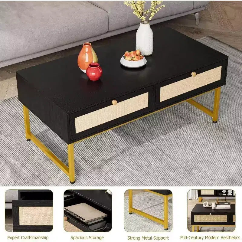 Tavolino da Caffè con Scomparto Nascosto e Ripiano Portaoggetti, Tavolino da Salotto da 45,66 Pollici con Pannello a Porte in Rattan Intrecciato, Adatto per Soggiorno, Appartamento
