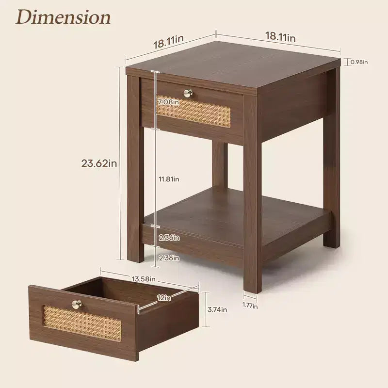 Comodino bohémien in rattan da 45 cm con cassetto e pomelli in ottone, tavolino in legno con ripiano aperto per camera da letto/soggiorno