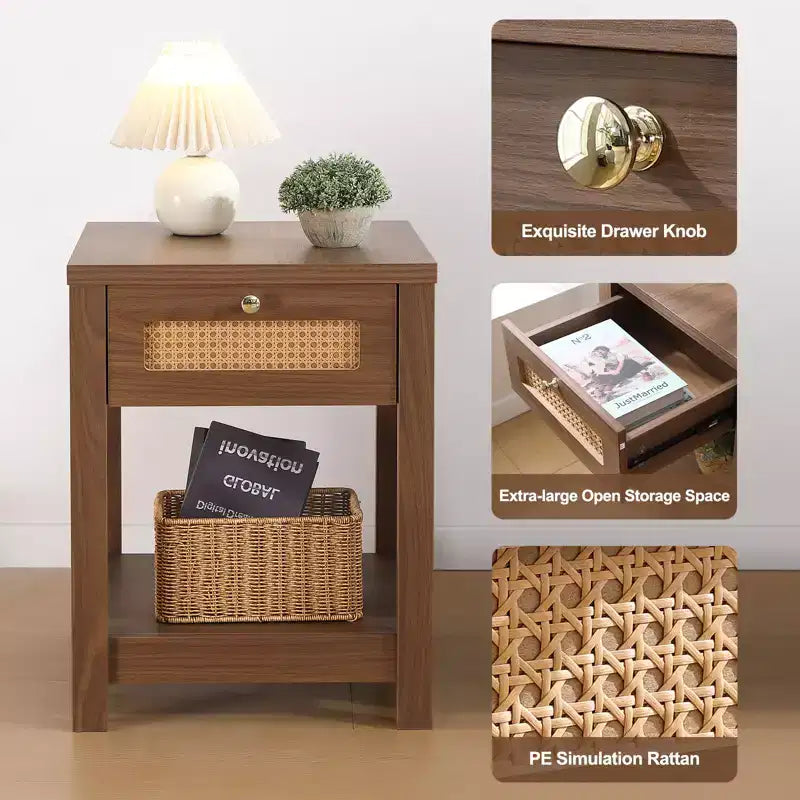 Comodino bohémien in rattan da 45 cm con cassetto e pomelli in ottone, tavolino in legno con ripiano aperto per camera da letto/soggiorno