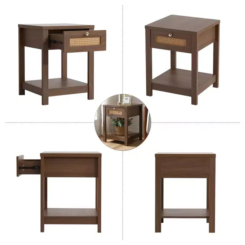 Comodino bohémien in rattan da 45 cm con cassetto e pomelli in ottone, tavolino in legno con ripiano aperto per camera da letto/soggiorno