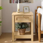 Comodino bohémien in rattan da 45 cm con cassetto e pomelli in ottone, tavolino in legno con ripiano aperto per camera da letto/soggiorno