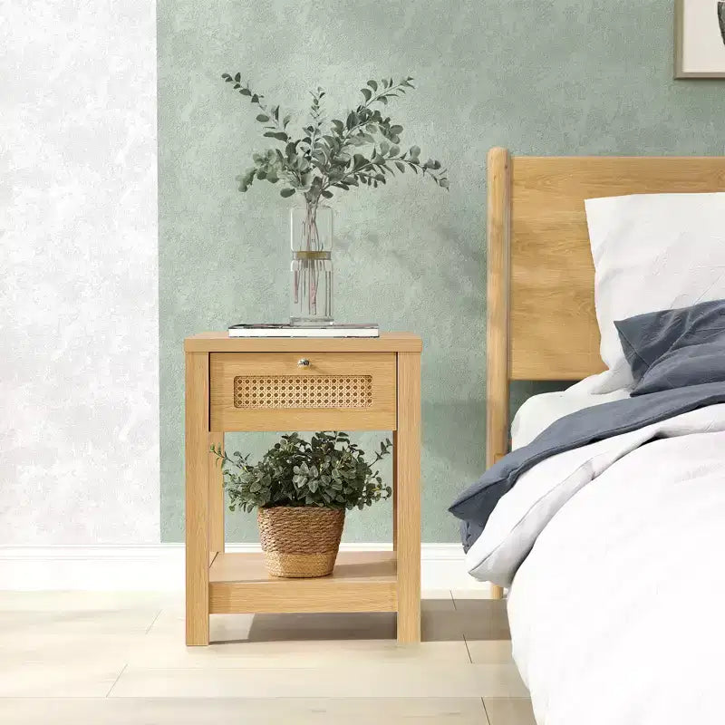 Comodino bohémien in rattan da 45 cm con cassetto e pomelli in ottone, tavolino in legno con ripiano aperto per camera da letto/soggiorno