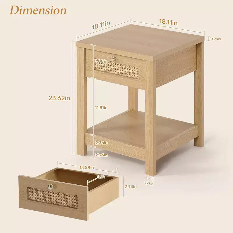 Comodino bohémien in rattan da 45 cm con cassetto e pomelli in ottone, tavolino in legno con ripiano aperto per camera da letto/soggiorno