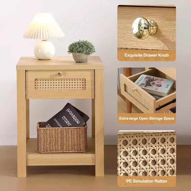 Comodino bohémien in rattan da 45 cm con cassetto e pomelli in ottone, tavolino in legno con ripiano aperto per camera da letto/soggiorno