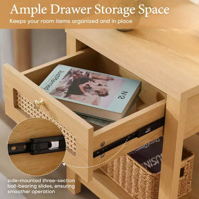 Comodino bohémien in rattan da 45 cm con cassetto e pomelli in ottone, tavolino in legno con ripiano aperto per camera da letto/soggiorno
