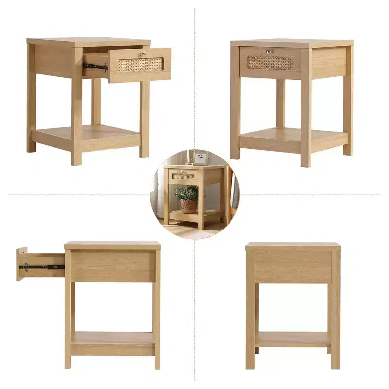 Comodino bohémien in rattan da 45 cm con cassetto e pomelli in ottone, tavolino in legno con ripiano aperto per camera da letto/soggiorno