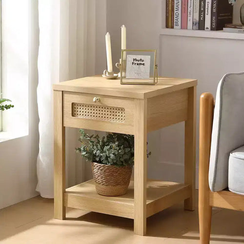 Bekrvio 18-Inch Boho Rattan Nightstand Set of 1/2, Bedside Table w/Drawer & Brass Knobs, Wood End Table w/Open Shelf for Bedroom/Living Room