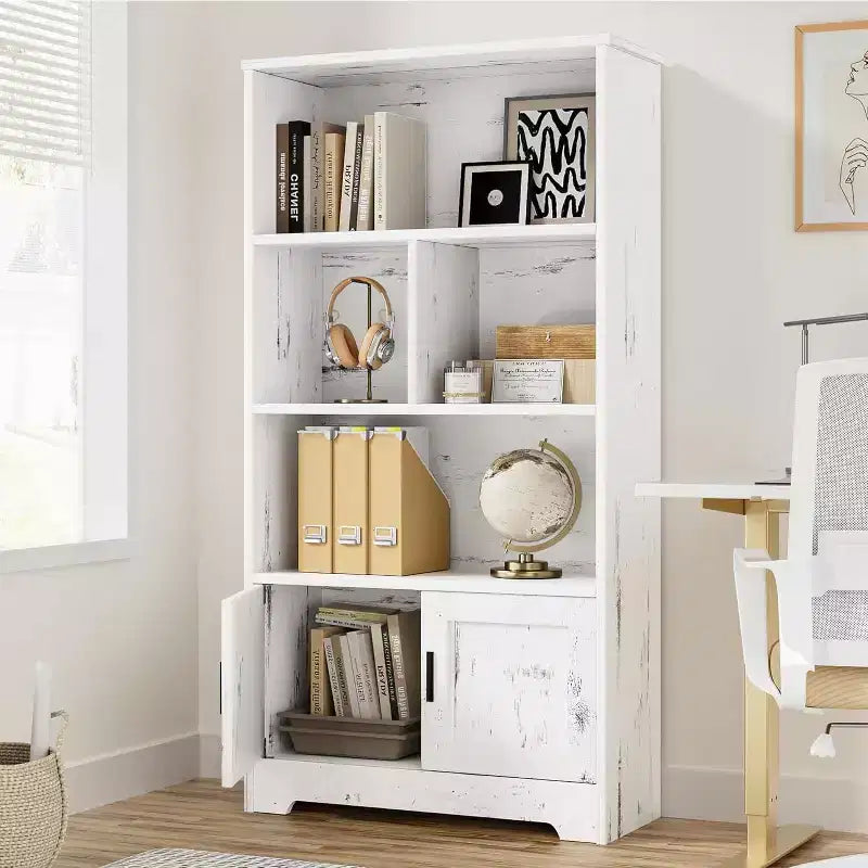 Bookcase Storage with Doors Modern Bookshelf with LED Lights Farmhouse BookcaseLarge Display Racks Book Shelf for Home Office
