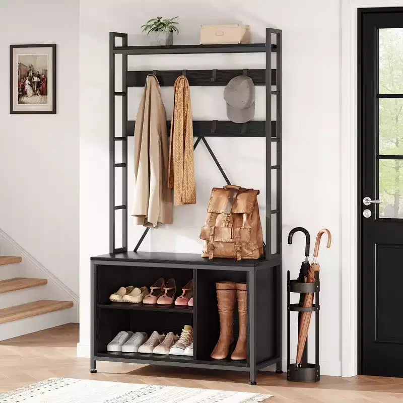 Hall Tree with Bench,Industrial Coat Rack Shoe Storage Entryway Organizer with Storage Cubbies, Mudroom Foyer Shoe Bench Coat Stand for Home