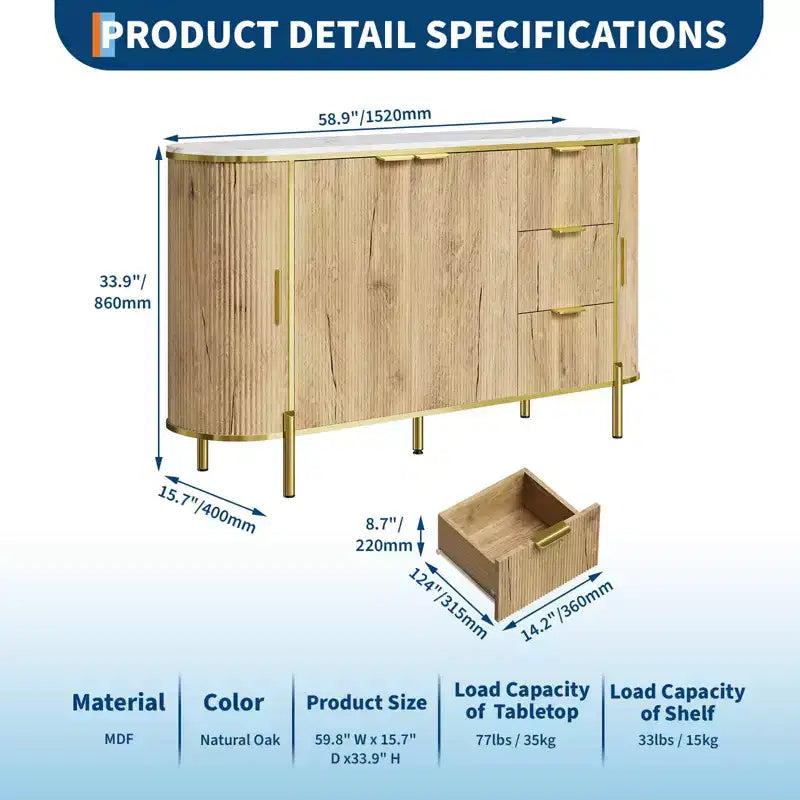 Credenza laterale da 60", tavolo buffet ovale con ante scorrevoli curve, cassetti e ripiano regolabile, mobile bar per sala da pranzo e soggiorno