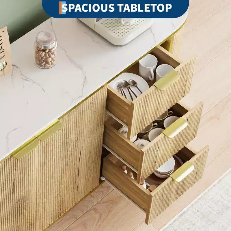 Credenza laterale da 60", tavolo buffet ovale con ante scorrevoli curve, cassetti e ripiano regolabile, mobile bar per sala da pranzo e soggiorno