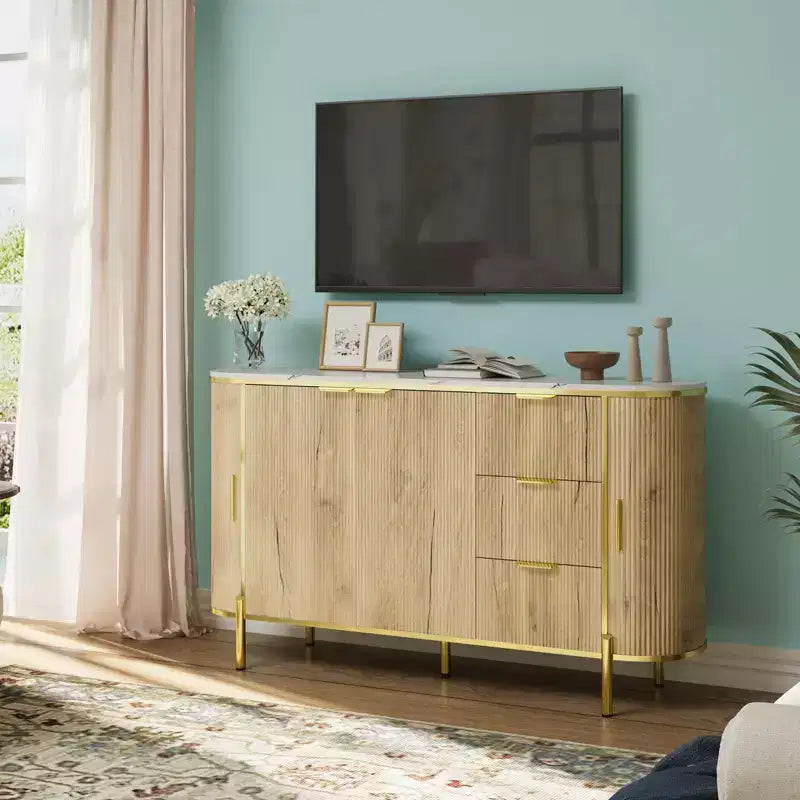 Credenza laterale da 60", tavolo buffet ovale con ante scorrevoli curve, cassetti e ripiano regolabile, mobile bar per sala da pranzo e soggiorno