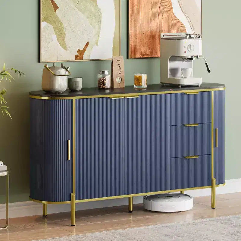 Credenza laterale da 60", tavolo buffet ovale con ante scorrevoli curve, cassetti e ripiano regolabile, mobile bar per sala da pranzo e soggiorno