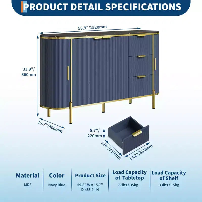 Credenza laterale da 60", tavolo buffet ovale con ante scorrevoli curve, cassetti e ripiano regolabile, mobile bar per sala da pranzo e soggiorno