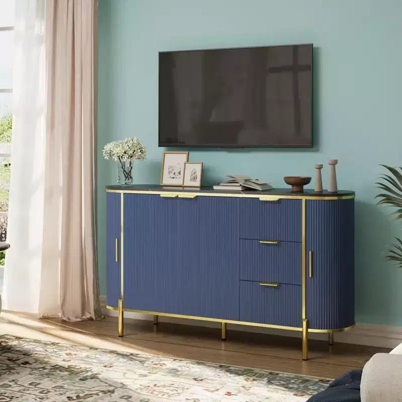 Credenza laterale da 60", tavolo buffet ovale con ante scorrevoli curve, cassetti e ripiano regolabile, mobile bar per sala da pranzo e soggiorno