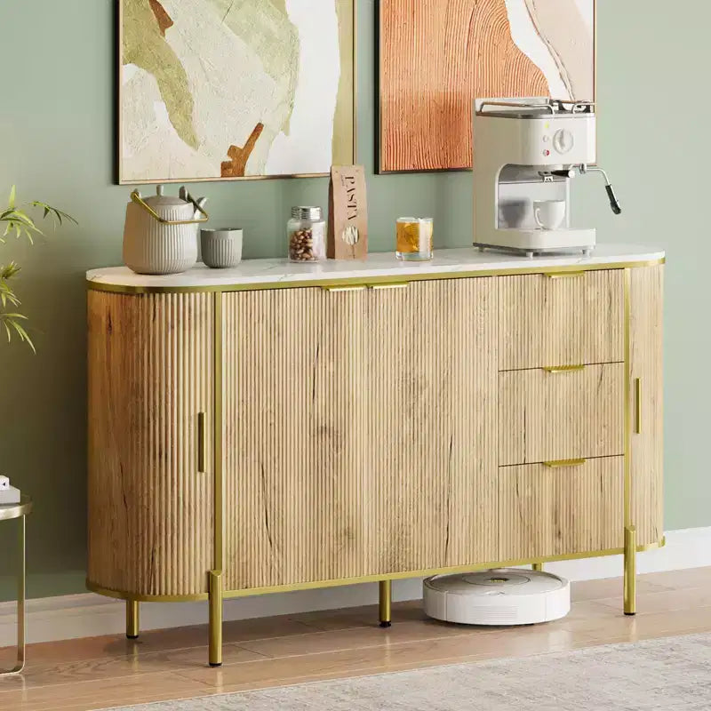 Credenza laterale da 60", tavolo buffet ovale con ante scorrevoli curve, cassetti e ripiano regolabile, mobile bar per sala da pranzo e soggiorno
