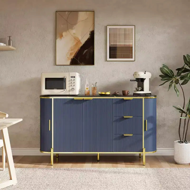 60 Sideboard Cabinet, Oval Buffet Table with Curved Sliding Doors, Drawers and Adjustable Shelf, Coffee Bar for Dining Living Room