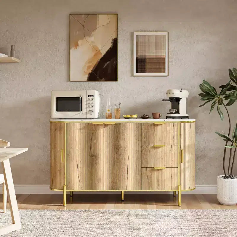 Credenza laterale da 60", tavolo buffet ovale con ante scorrevoli curve, cassetti e ripiano regolabile, mobile bar per sala da pranzo e soggiorno