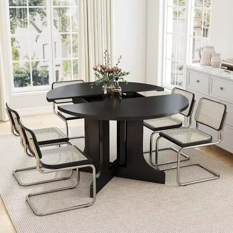 Zevemomo 43-59 Expandable Dining Table, for 4-6, with Removable Leaf, Trestle X-Shaped Base & Metal Track for Dining Room, Living Room-Black