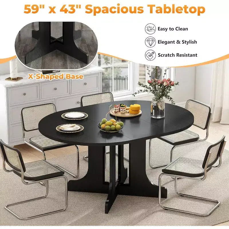 Tavolo da pranzo allungabile 109-150 cm per 4-6 persone, con prolunga rimovibile, base a X e binario in metallo, Nero