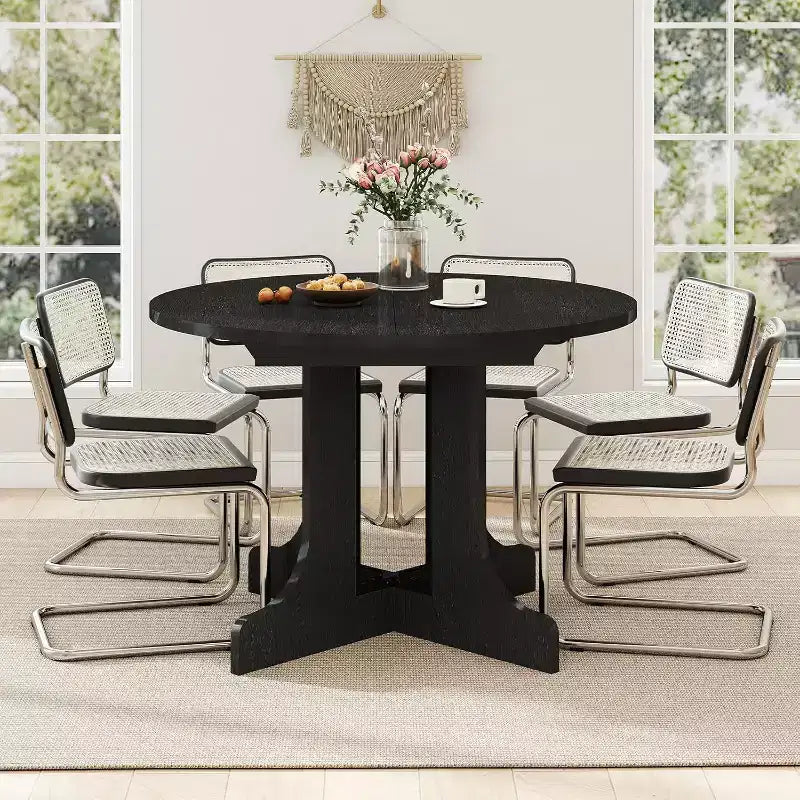 Tavolo da pranzo allungabile 109-150 cm per 4-6 persone, con prolunga rimovibile, base a X e binario in metallo, Nero