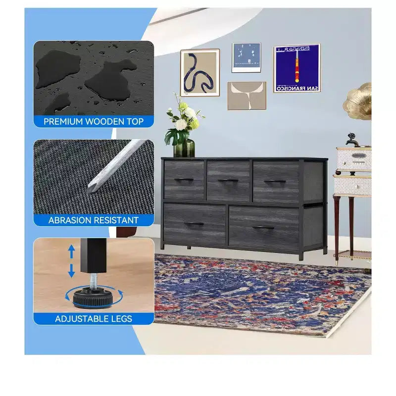 Comò per camera da letto con 5 cassetti, cassettiera, organizer in tessuto per armadio e soggiorno