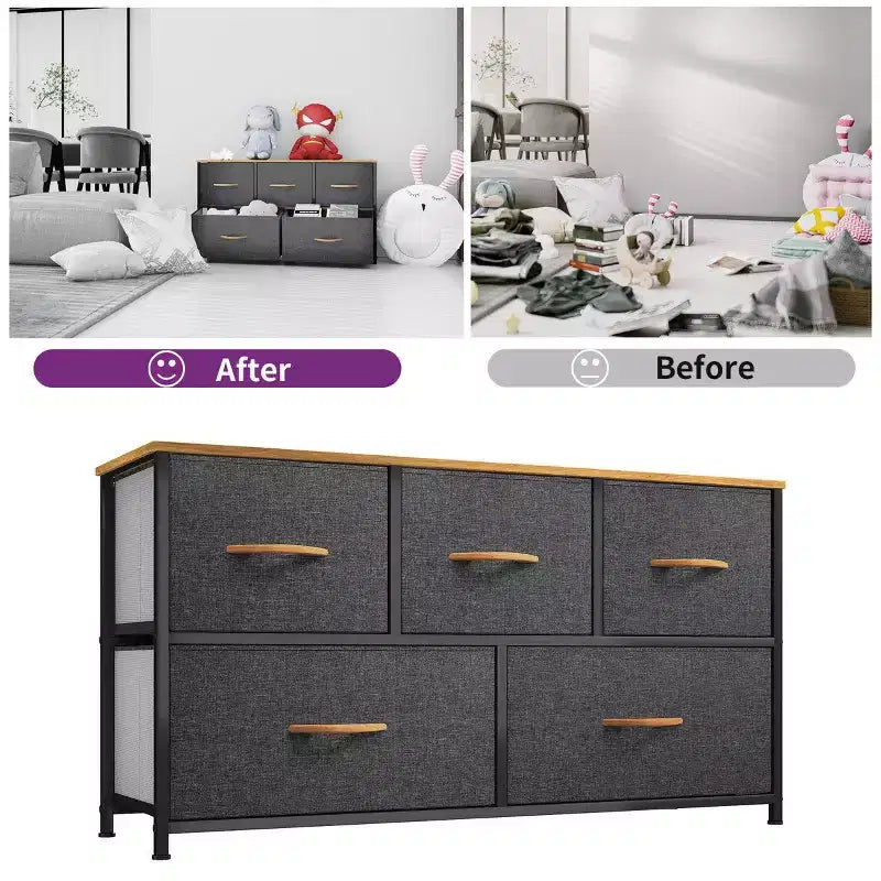 Comò per camera da letto con 5 cassetti, cassettiera, organizer in tessuto per armadio e soggiorno