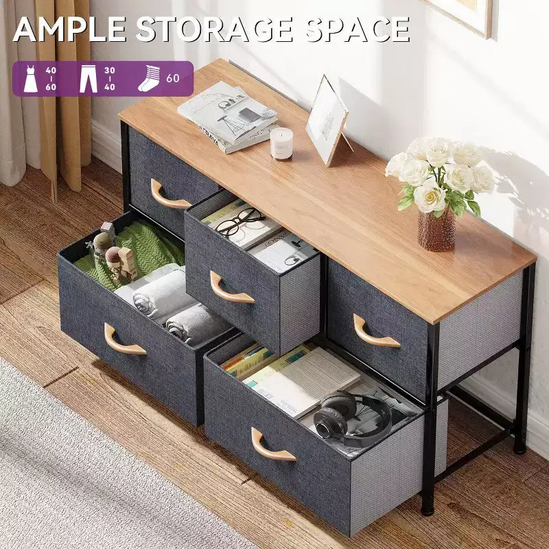 Comò per camera da letto con 5 cassetti, cassettiera, organizer in tessuto per armadio e soggiorno