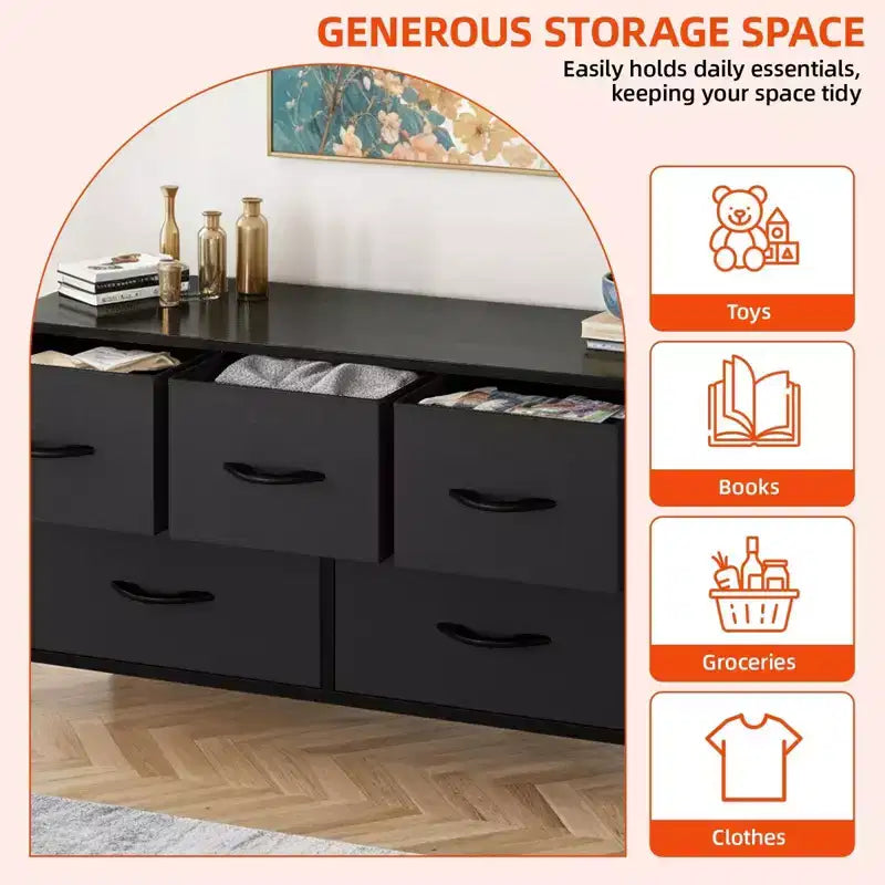 Comò per camera da letto con 5 cassetti, cassettiera, organizer in tessuto per armadio e soggiorno