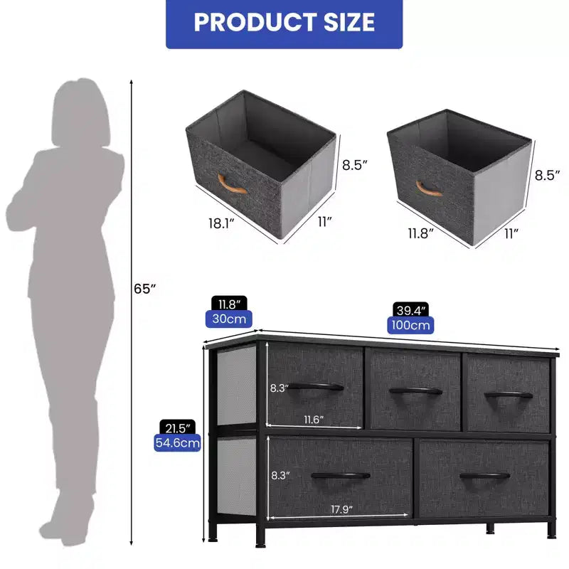 Comò per camera da letto con 5 cassetti, cassettiera, organizer in tessuto per armadio e soggiorno
