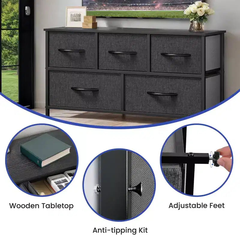 Comò per camera da letto con 5 cassetti, cassettiera, organizer in tessuto per armadio e soggiorno
