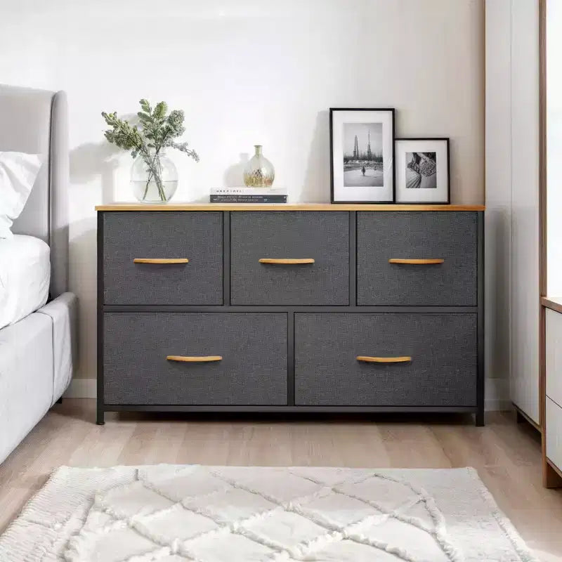 Comò per camera da letto con 5 cassetti, cassettiera, organizer in tessuto per armadio e soggiorno