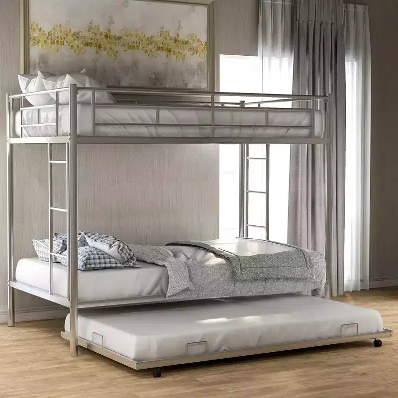 Bellemave Twin Over Twin Metal Bunk Bed with Trundle, Ladder & Guardrail for Kids, Teens & Adults, No Box Spring, Silver