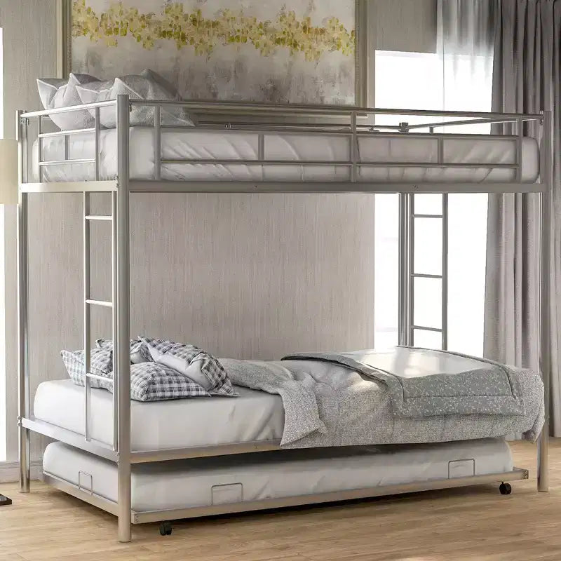 Letto a castello in metallo a due piazze con letto estraibile, scaletta e ringhiera di protezione per bambini, ragazzi e adulti, senza molle, argento