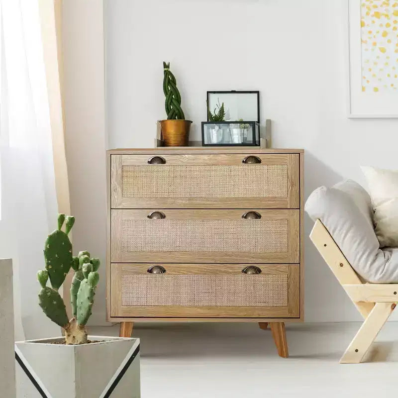 Captiva Designs Boho Rattan Nightstand Dresser Cabinet with Natural Rattan Drawer for Entryway, Living Room, Closet