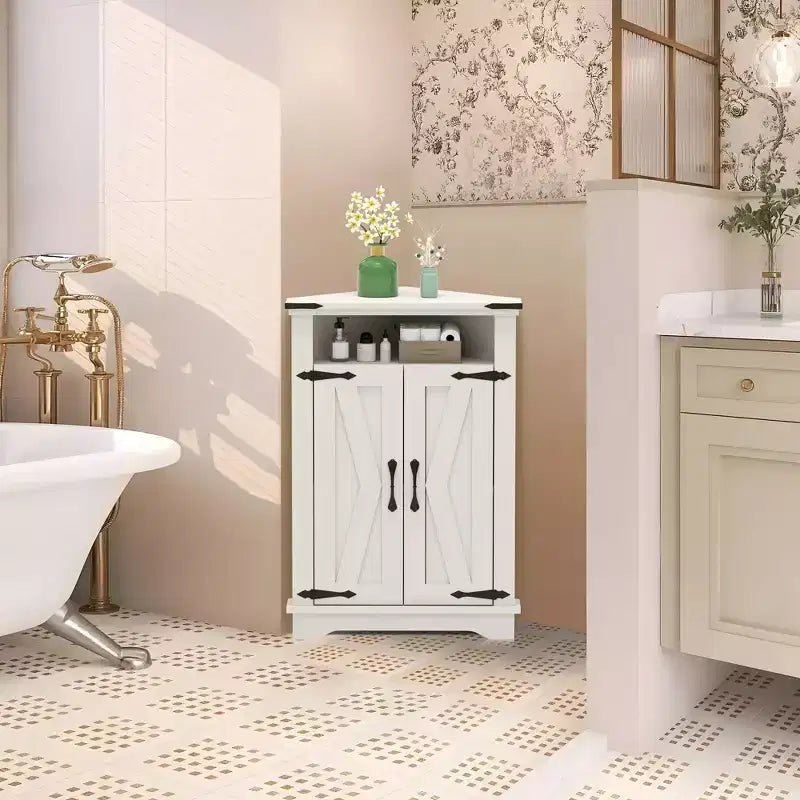 Mobiletto angolare da bagno in stile rustico con anta scorrevole a granaio, ripiano regolabile, contenitore per bagno/cucina/soggiorno (confezione da 1)
