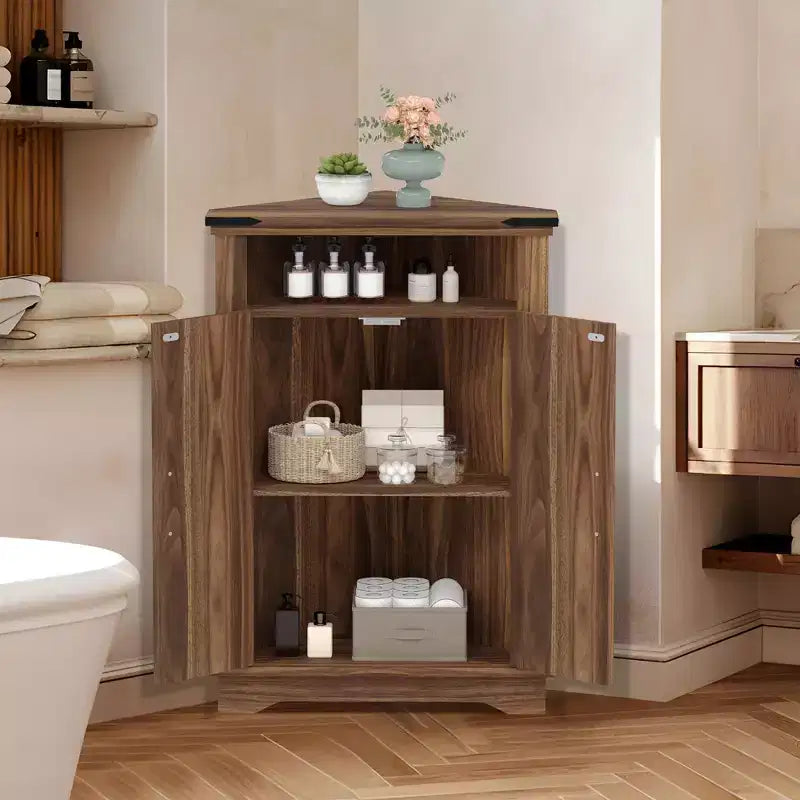 Mobiletto angolare da bagno in stile rustico con anta scorrevole a granaio, ripiano regolabile, contenitore per bagno/cucina/soggiorno (confezione da 1)