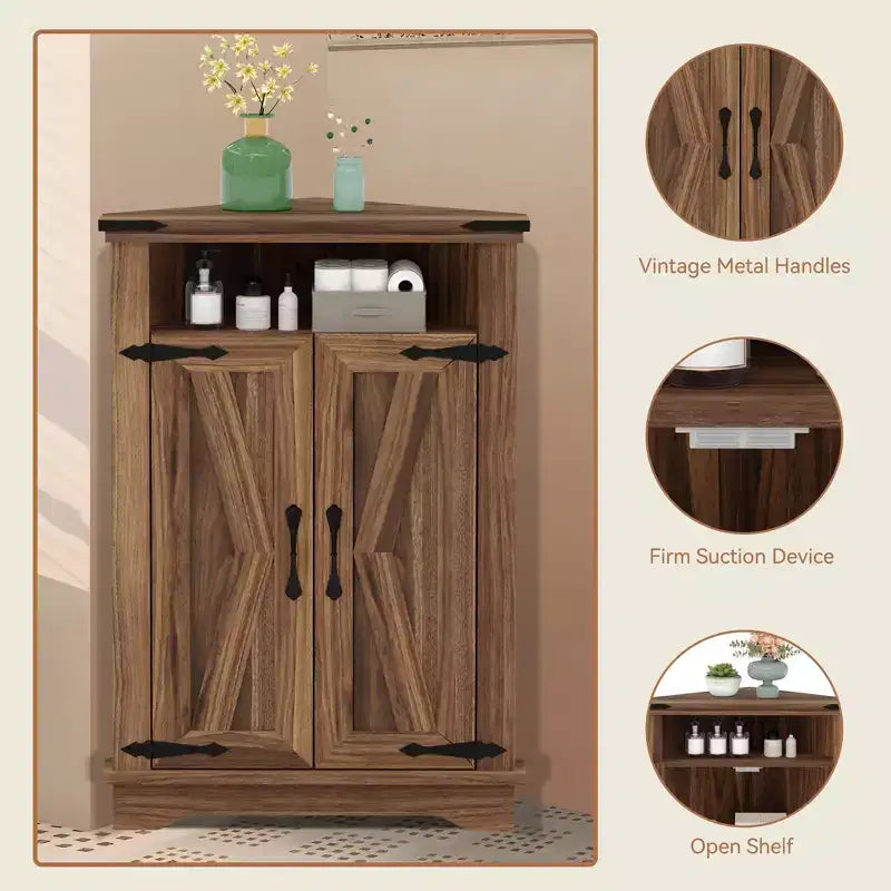 Mobiletto angolare da bagno in stile rustico con anta scorrevole a granaio, ripiano regolabile, contenitore per bagno/cucina/soggiorno (confezione da 1)
