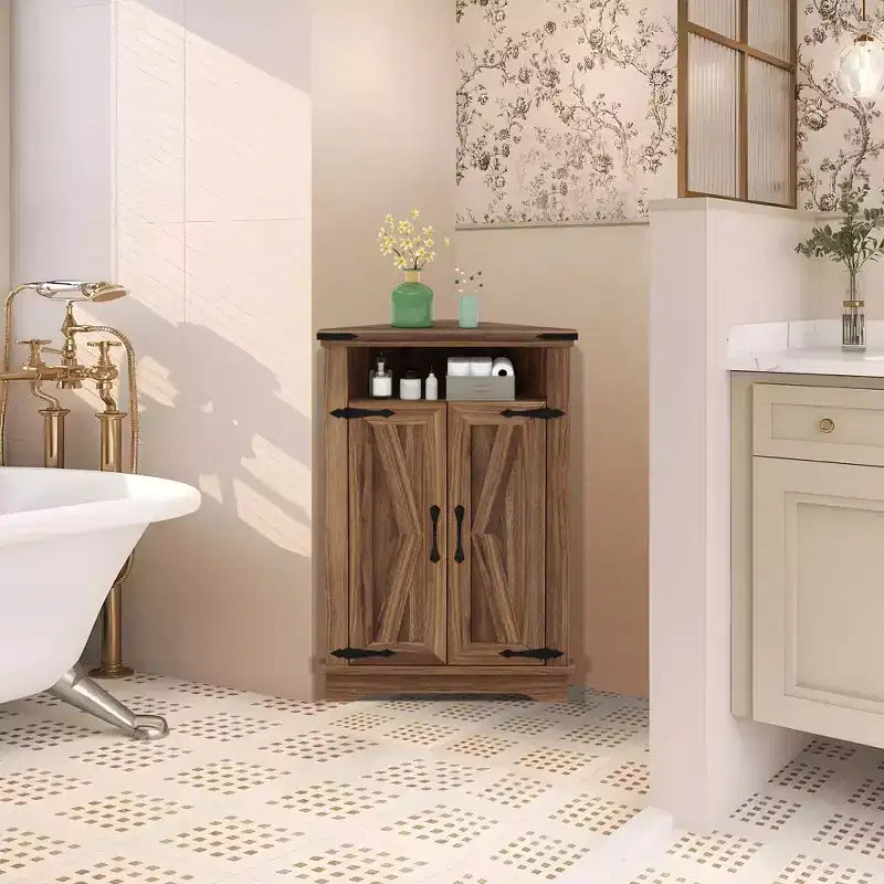 Mobiletto angolare da bagno in stile rustico con anta scorrevole a granaio, ripiano regolabile, contenitore per bagno/cucina/soggiorno (confezione da 1)