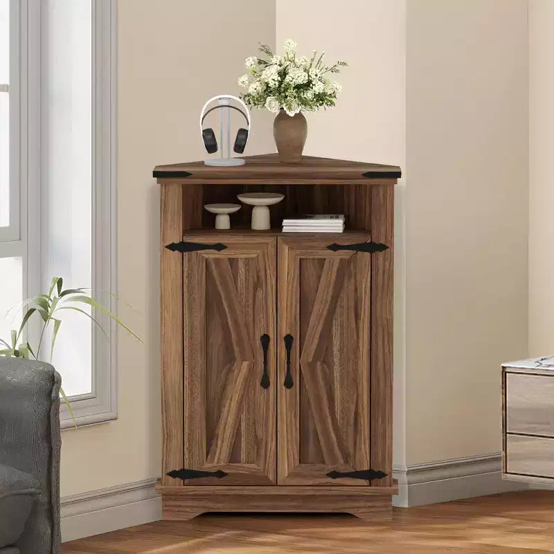 Mobiletto angolare da bagno in stile rustico con anta scorrevole a granaio, ripiano regolabile, contenitore per bagno/cucina/soggiorno (confezione da 1)
