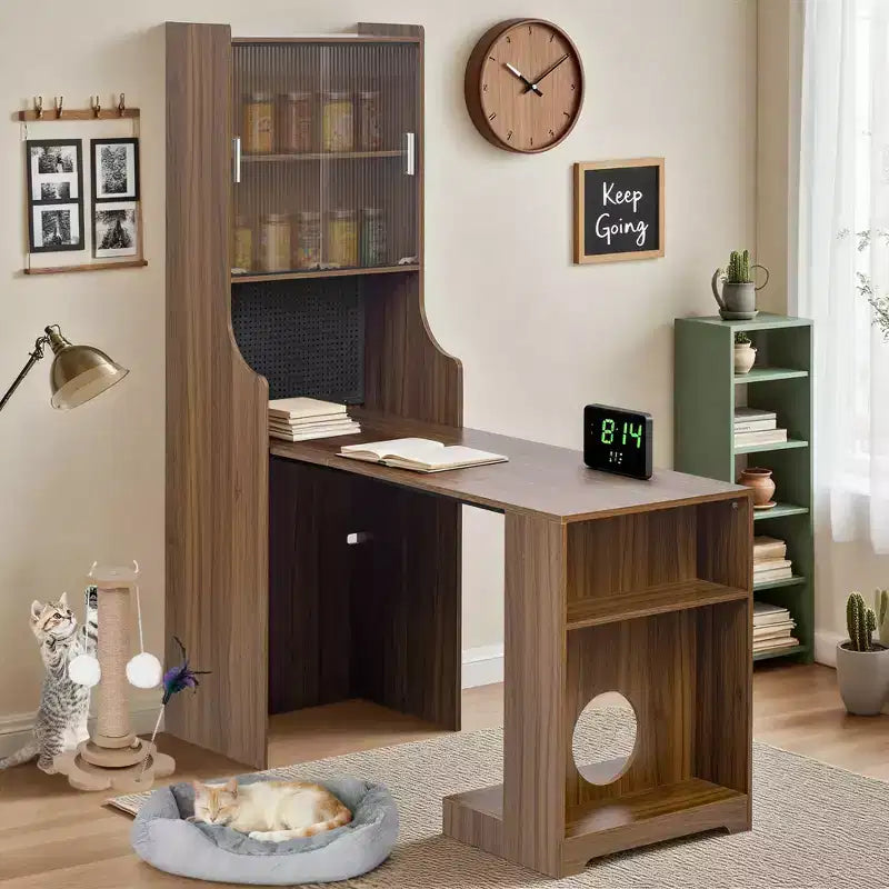 Foldable Office Desk Pet-friendly Gaming Desk with Hutch, Pegboard, Free Cat Bed & Scratching Post, Walnut - ModernLuxe