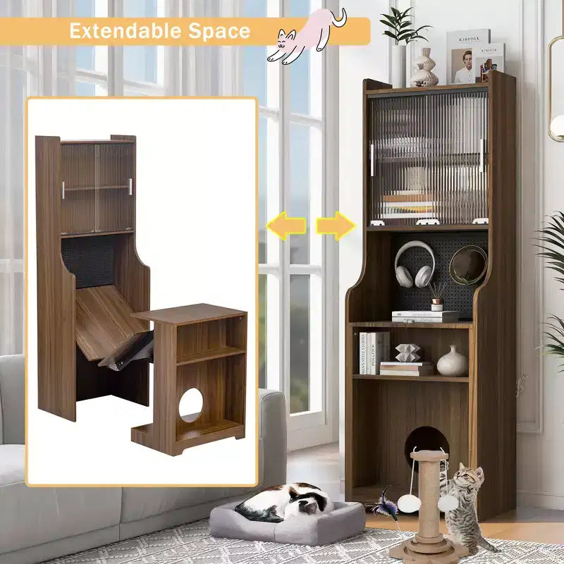 Scrivania da gioco pieghevole adatta agli animali domestici con ripiano, pannello forato, cuccia per gatti e tiragraffi inclusi, noce