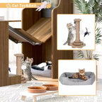 Scrivania da gioco pieghevole adatta agli animali domestici con ripiano, pannello forato, cuccia per gatti e tiragraffi inclusi, noce