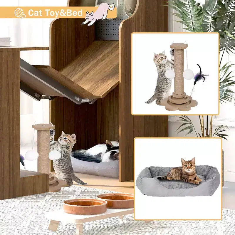 Scrivania da gioco pieghevole adatta agli animali domestici con ripiano, pannello forato, cuccia per gatti e tiragraffi inclusi, noce